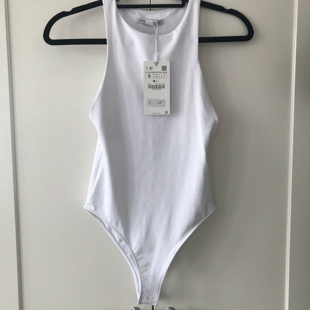 Zara White Halter Neck Bodysuit Trf Racer Back Top